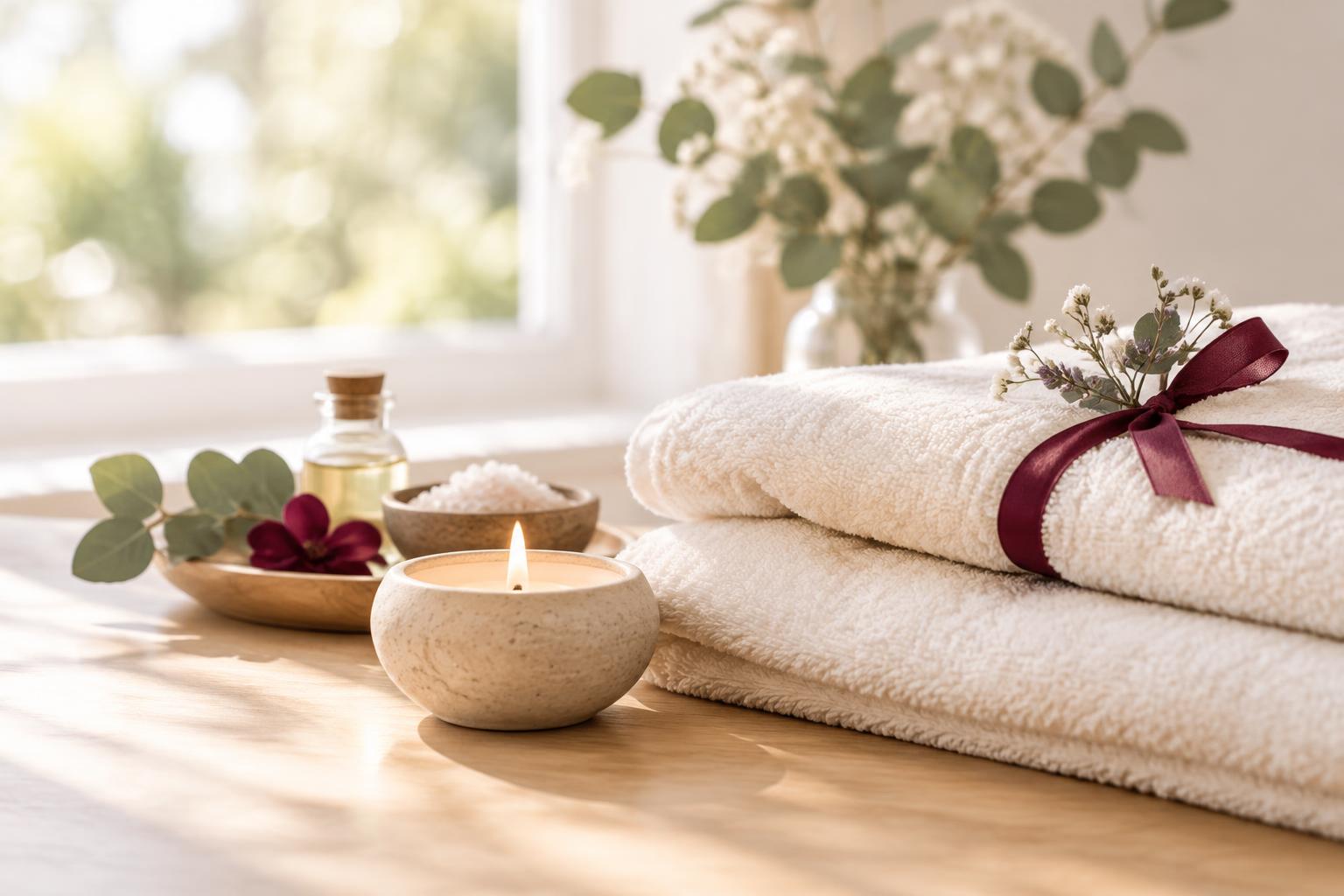Ruhige Wellness-Atmosphäre mit Handtüchern und Kerze
